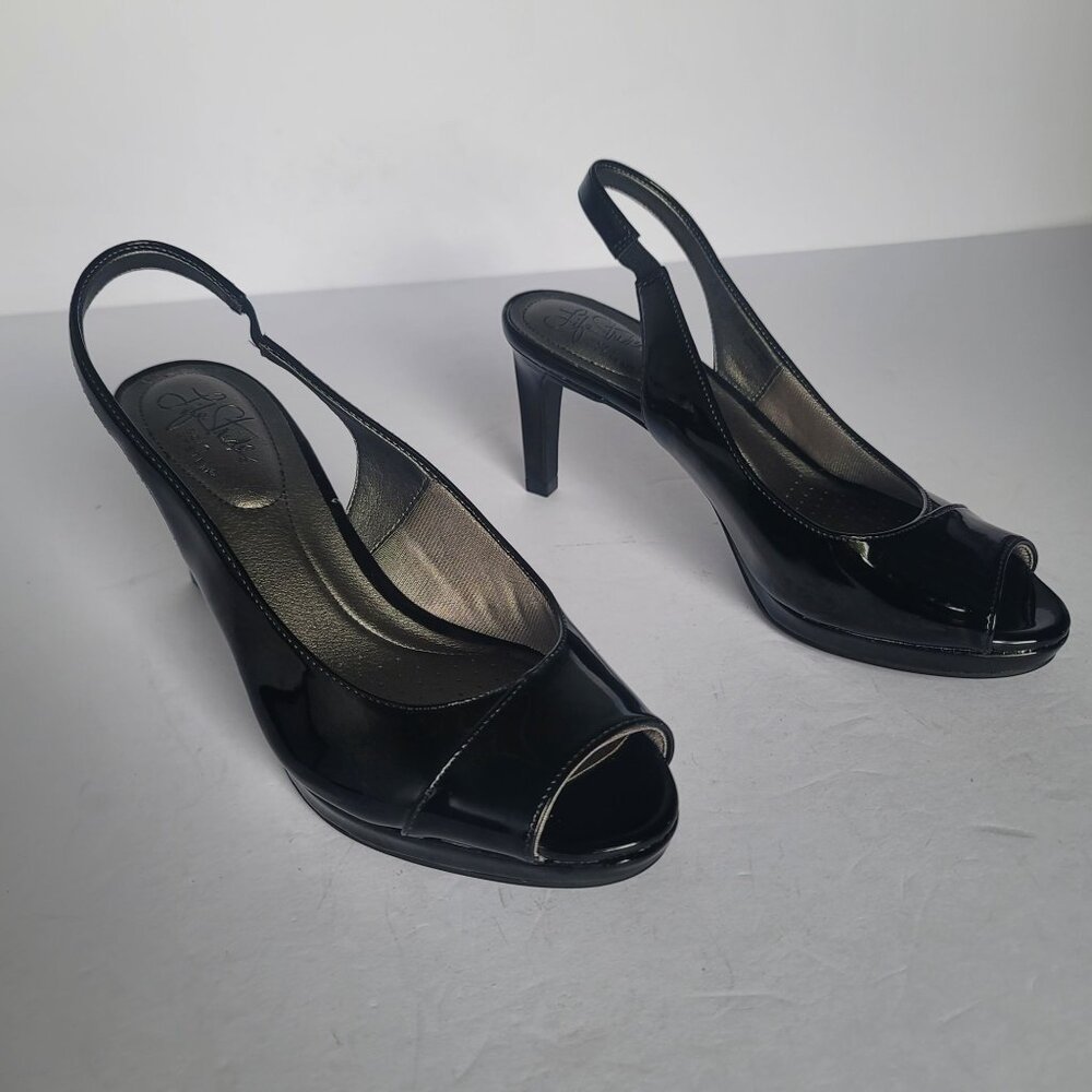 Life Stride Soft System Invest Black Patent Open Toe Slingback Heels. Size 7.5